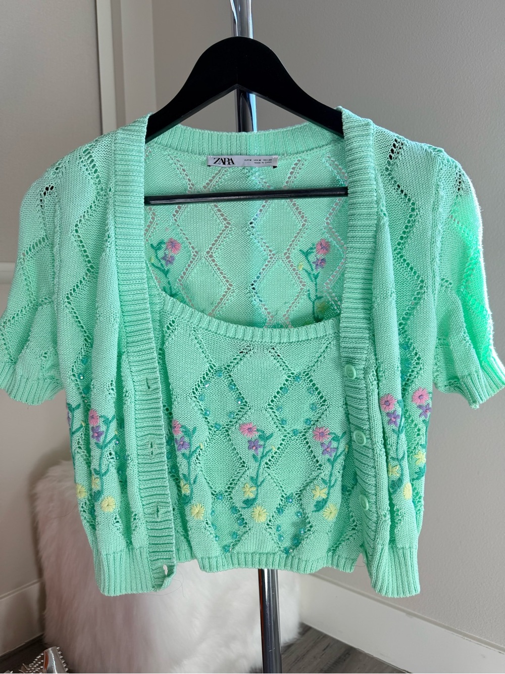 Zara Mint Green Short-Sleeve Floral Knit Cardigan & Tank Set